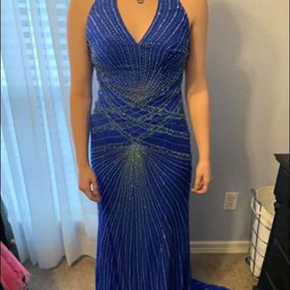 Beaded Blue Halter Top Prom Dress w Train